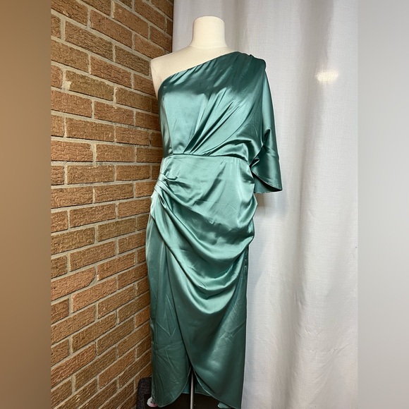 Anrabess NWT Satin Mint green One Shoulder  Bodycon Midi cocktail dress-L - Picture 5 of 12